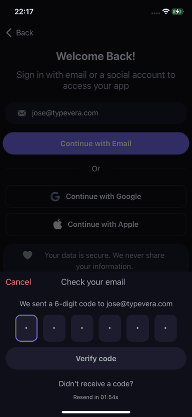 Typevera auth screen